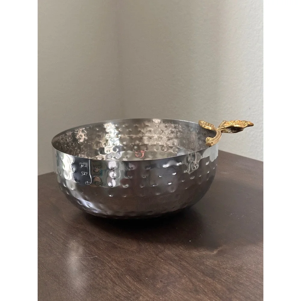 Hammered Stainless Steel Serving Bowl Gold Flower Handle Silver Made in India